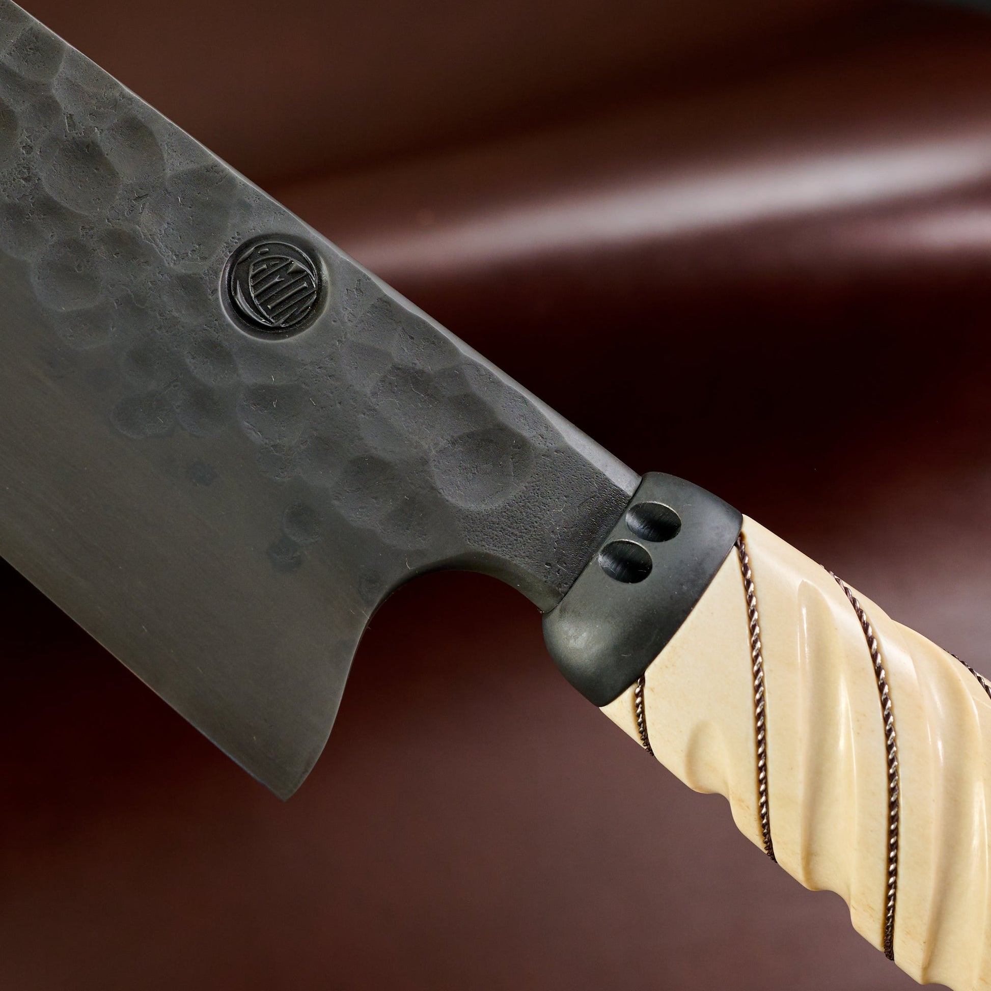 Sujihiki 320mm 'Denty' Blackout Fluted Moose Antler with Silver Inlays – detail view
