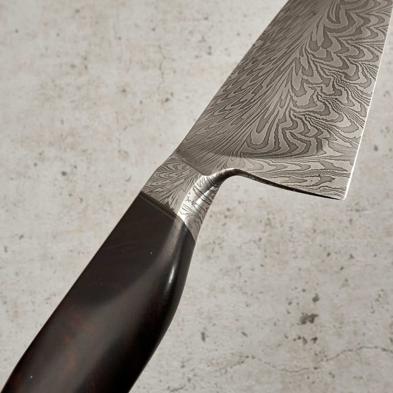 Martin Huber Chef Knife 220mm Feather Damascus "S" Grind with Integral Ironwood Handle - Integral Profile