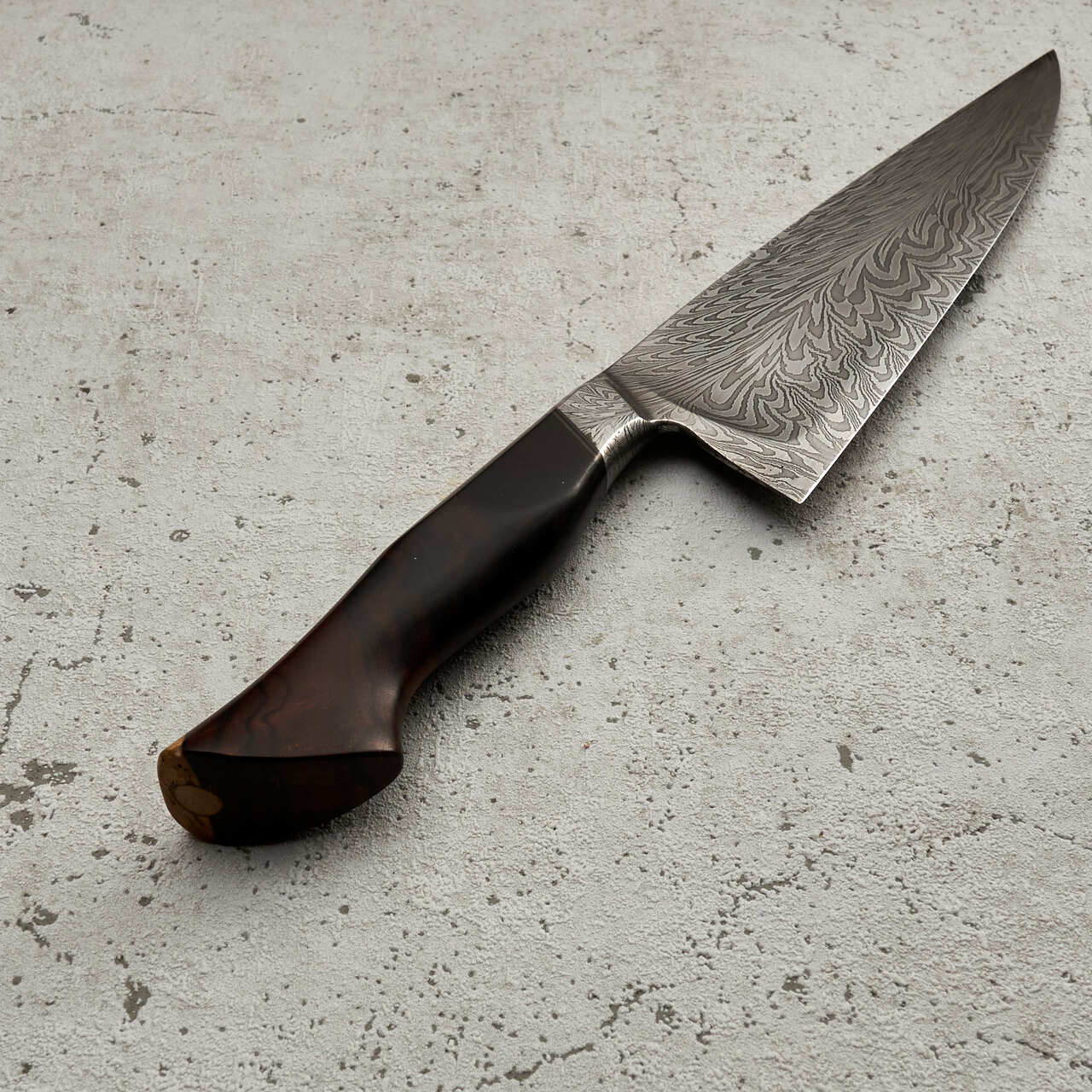Martin Huber Chef Knife 220mm Feather Damascus "S" Grind with Integral Ironwood Handle - Blade with Saya