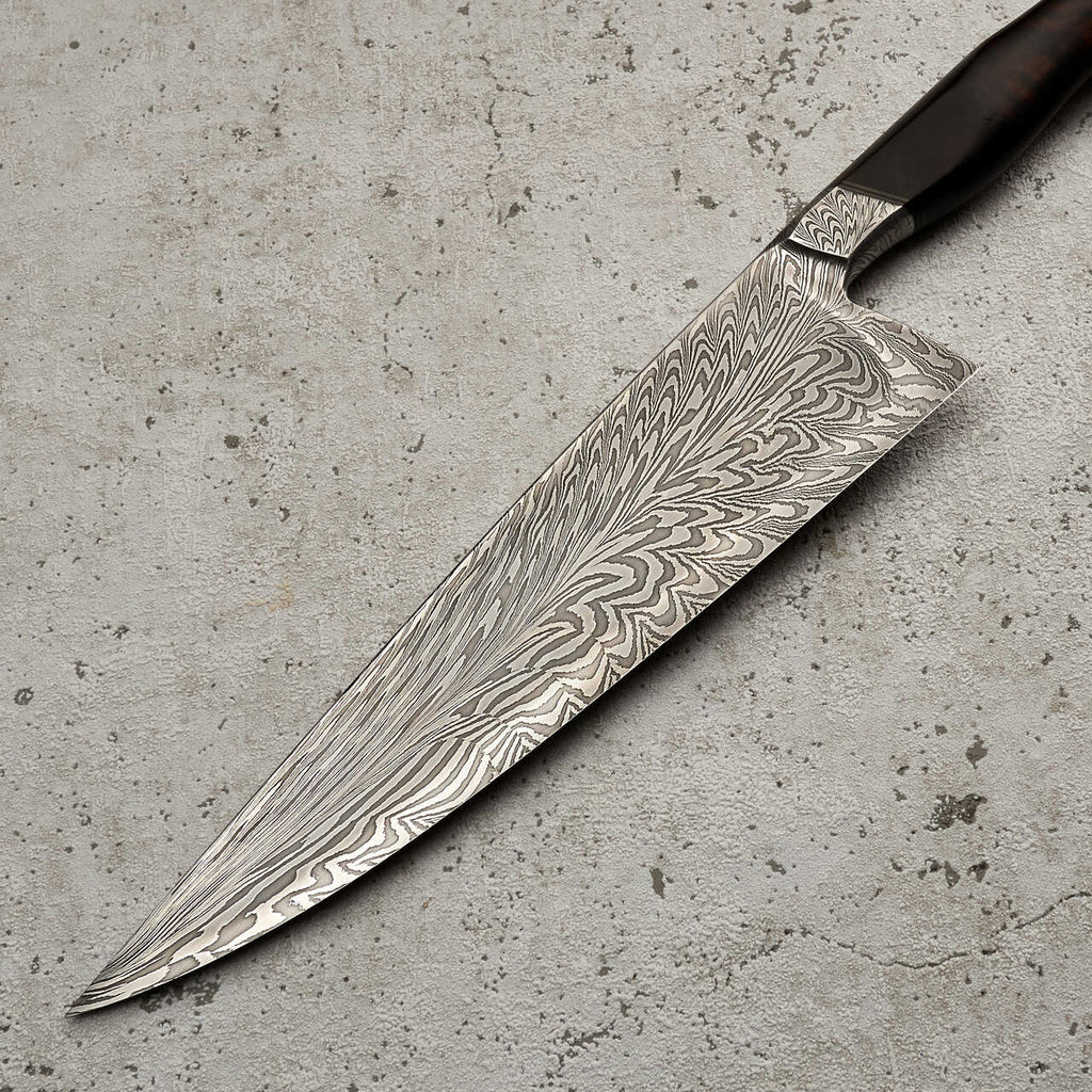 Martin Huber Chef Knife 220mm Feather Damascus "S" Grind with Integral Ironwood Handle - Profile