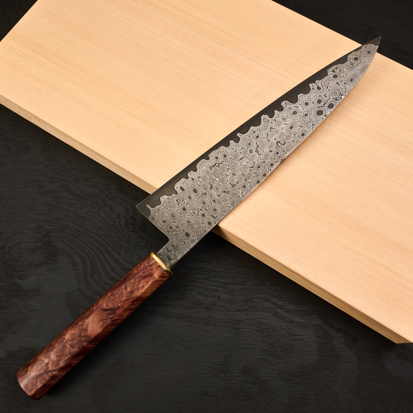 Gyuto 250mm Rain Drop Damascus Clad Apex Ultra Amboyna & Brass