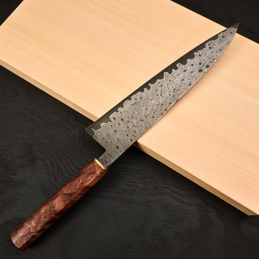 Gyuto 250mm Rain Drop Damascus Clad Apex Ultra Amboyna & Brass
