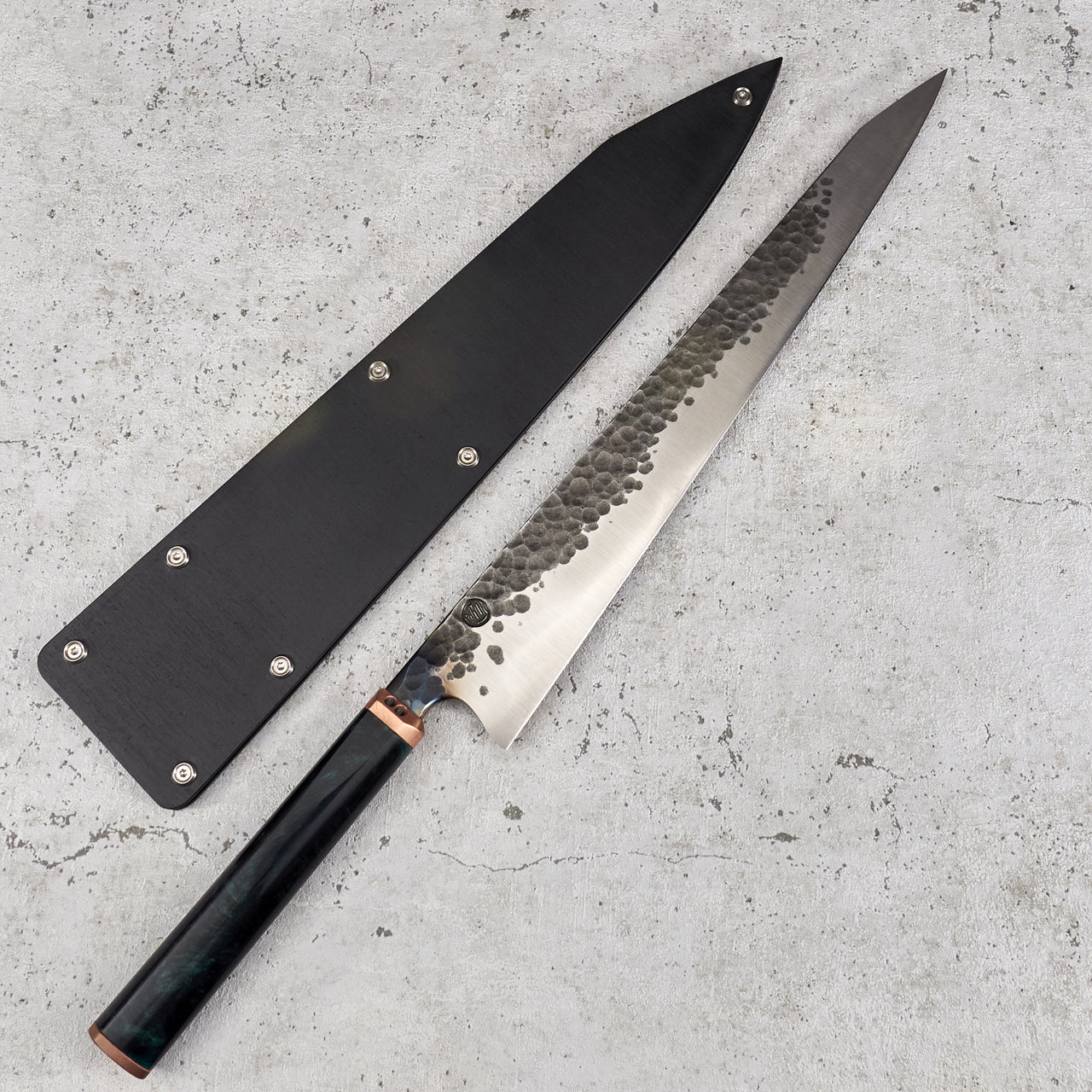 Kamon Knives Sujihiki 340mm Denty Kurouchi 1.2519 - Saya